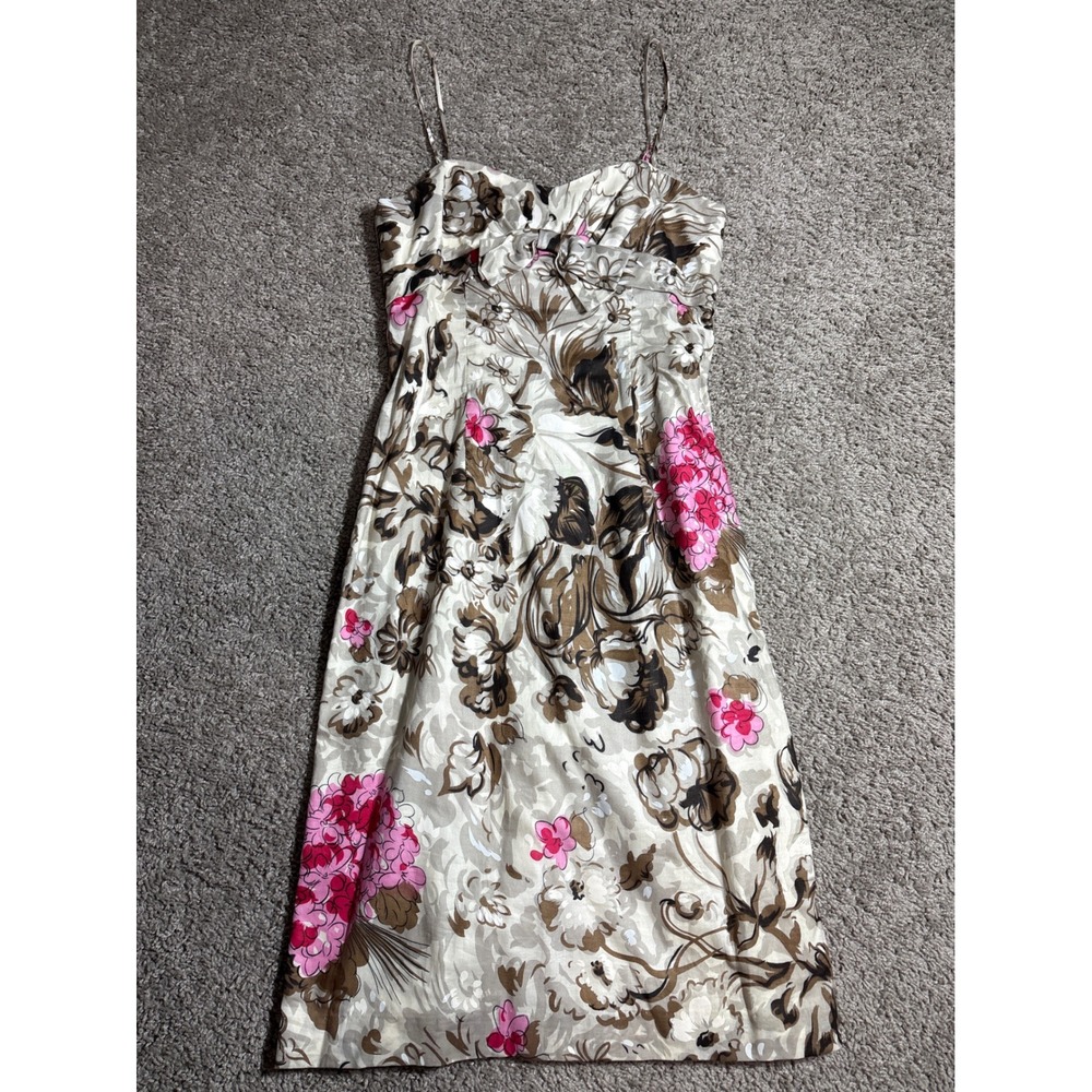 Milly Floral Cotton Sheath Dress Pink Brown Cream Sweetheart Neckline Size 4